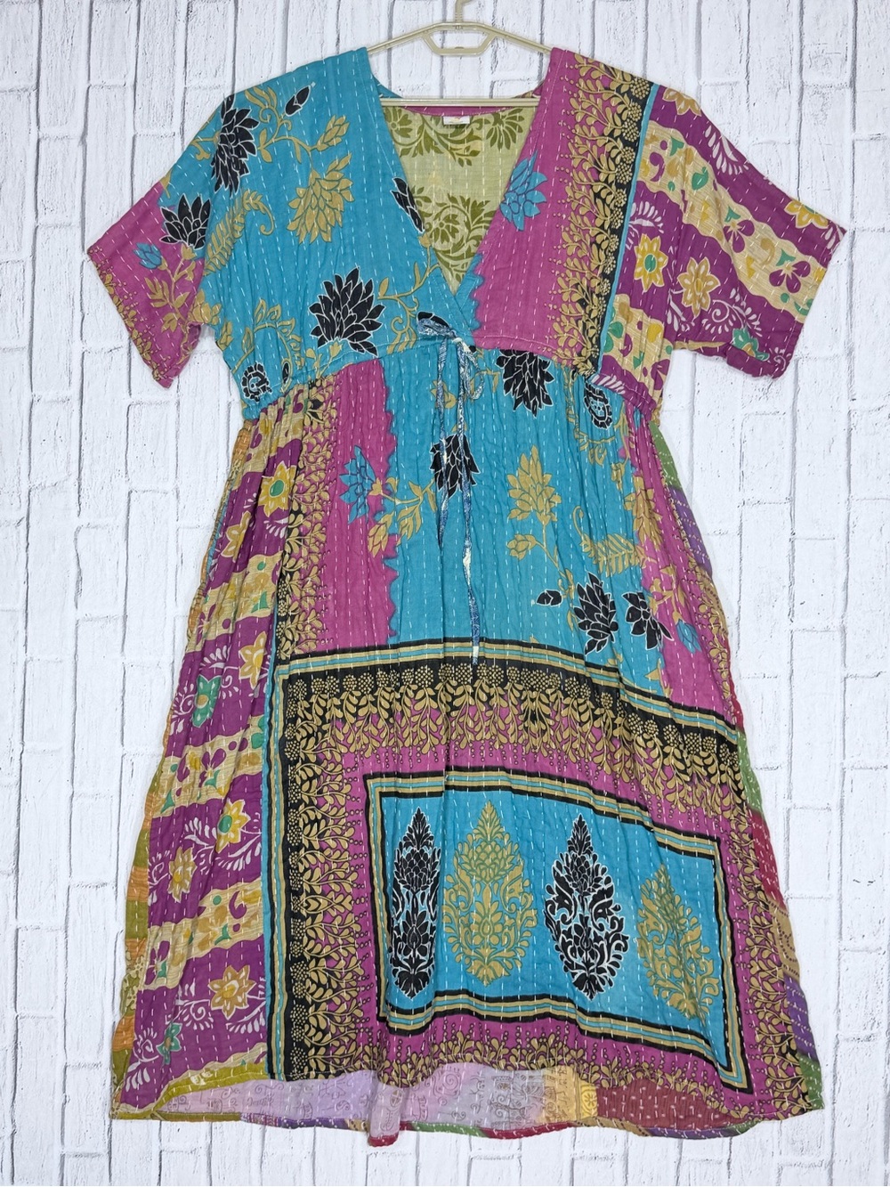 🍌 Oh It’s Bananas Kantha Patchwork Maxi Dress One Size Boho Cotton